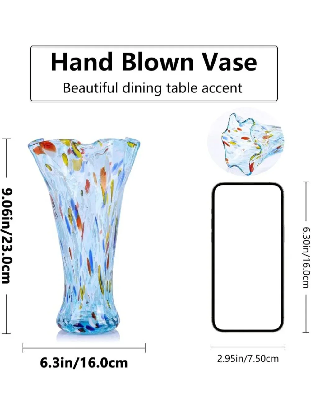 9.0 Aqua Blue Glass Vases Flower Bouquet Unique Hand Blown Wide Mouth Shelf Deco